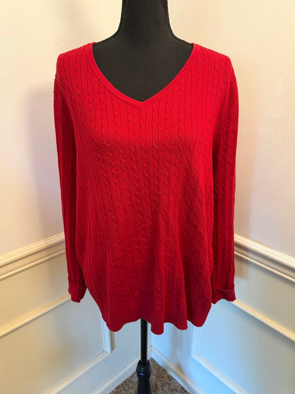 Talbots Tomato Red Cotton Cable Knit V-Neck Pullover Sweater Classic Holiday